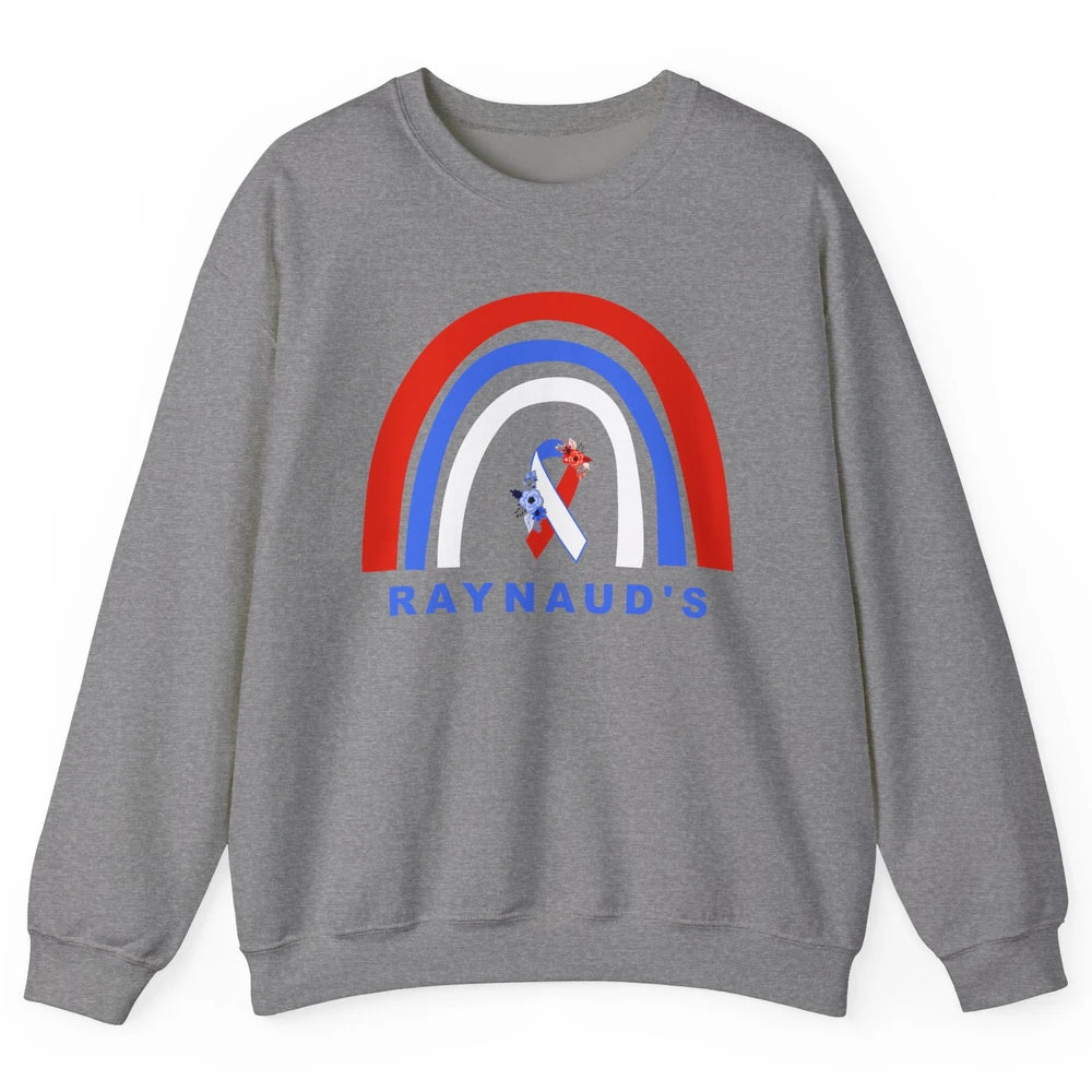 Raynaud's Syndrome Awareness Floral Red Blue Ribbon Rainbow Unisex Crewneck Sweatshirt