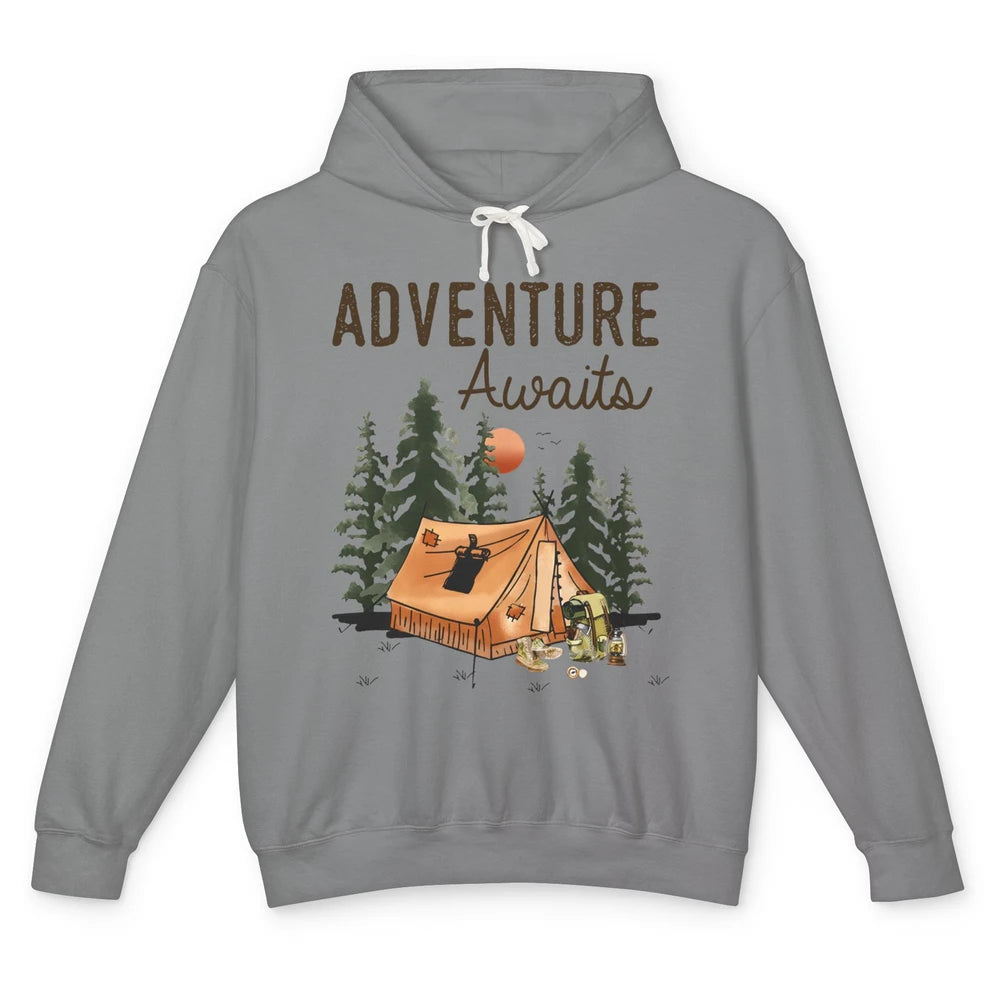 Retro Camping Tent Mountain Sunset Adventure Awaits Campers Unisex Lightweight Hoodie