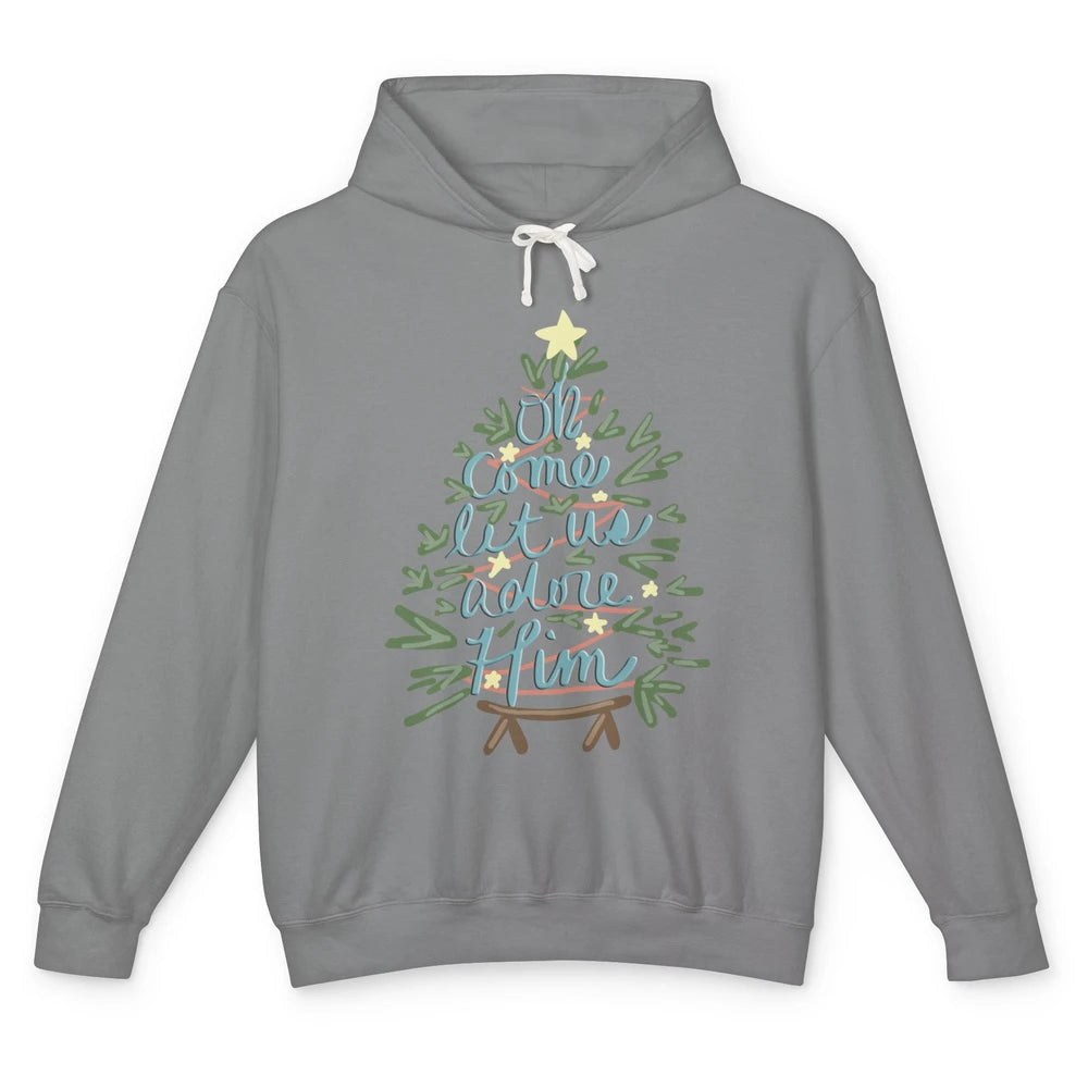 Retro Christmas Tree Oh Come Let Us Adore Him Groovy Xmas Unisex Lightweight Hoodie