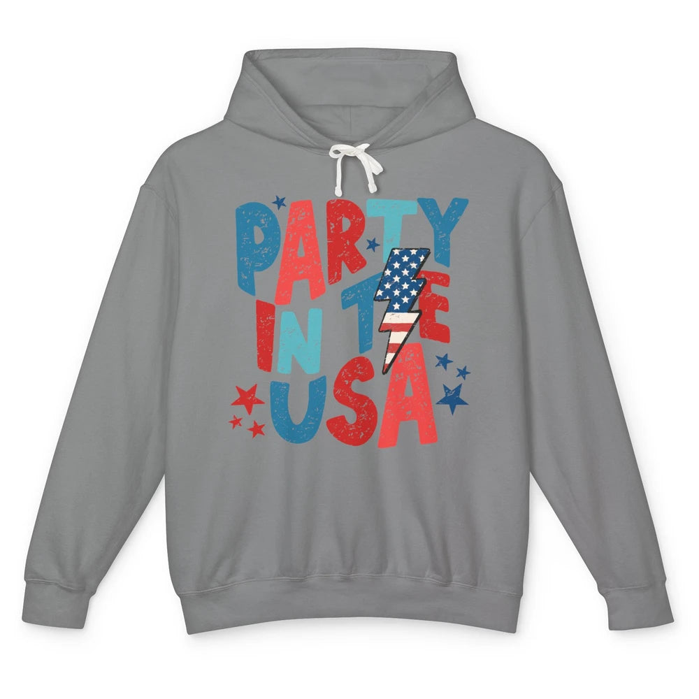 Party In The USA US Flag Lightning Bolt July 4th US Patriot Unisex Lightweight Hoodie