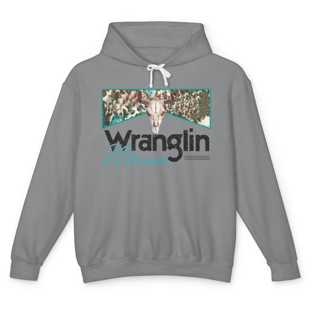 Retro Cowhide Bull Skull Wrangling Mama Western Country Girl Unisex Lightweight Hoodie