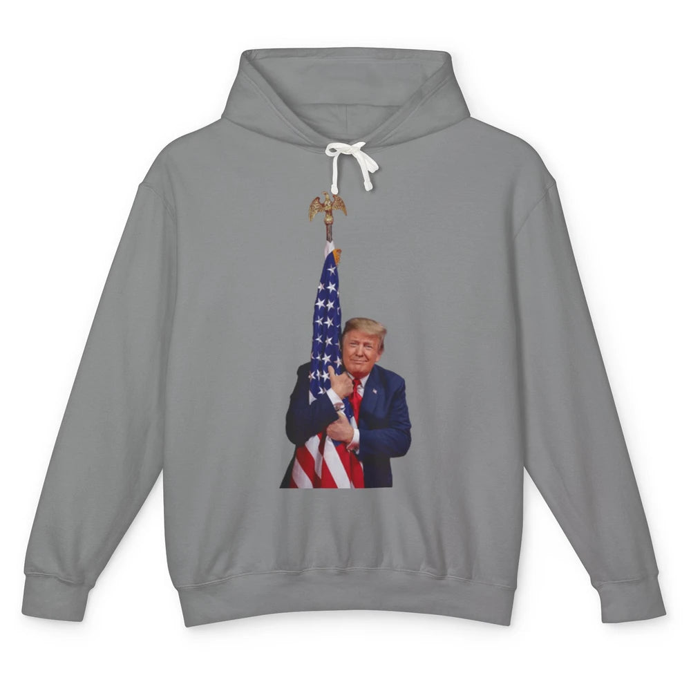 Donald Trump Hugging American Flag Vote Election Republic Unisex Lightweight Hoodie