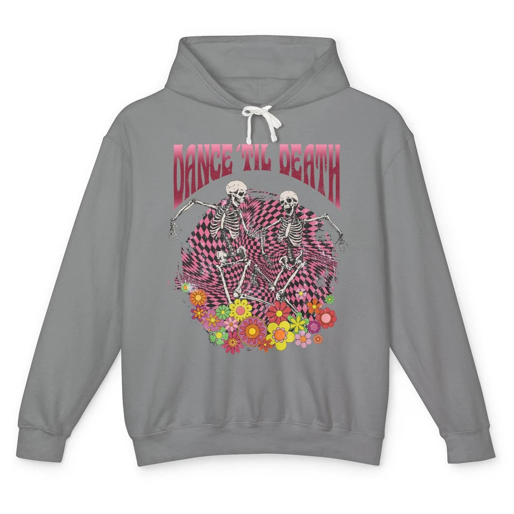 Retro Dancing Skeletons Dance Til Death Groovy Daisy Floral Unisex Lightweight Hoodie