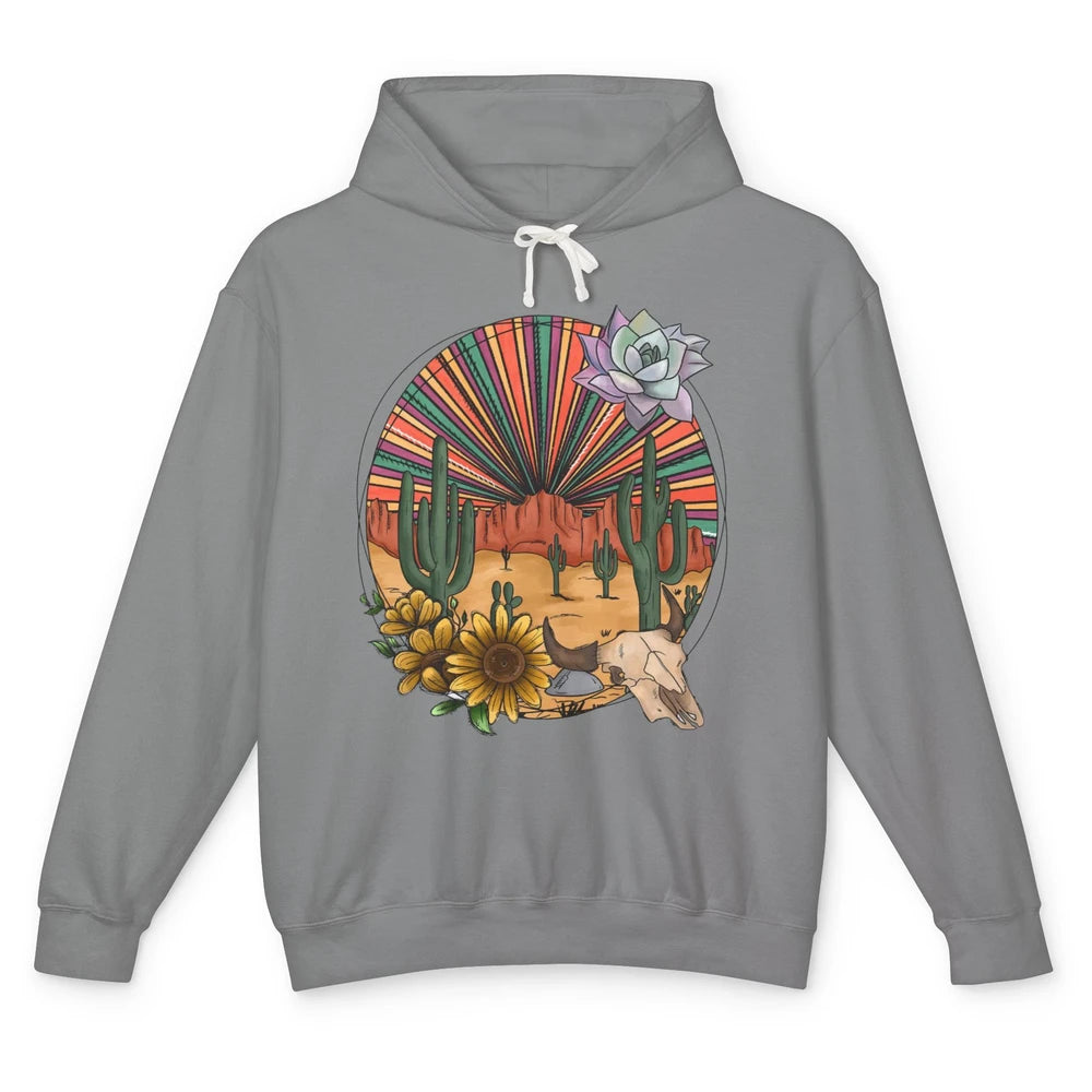 Retro Desert Western Cowboy Boho Skull Cactus Country Cowboy Unisex Lightweight Hoodie