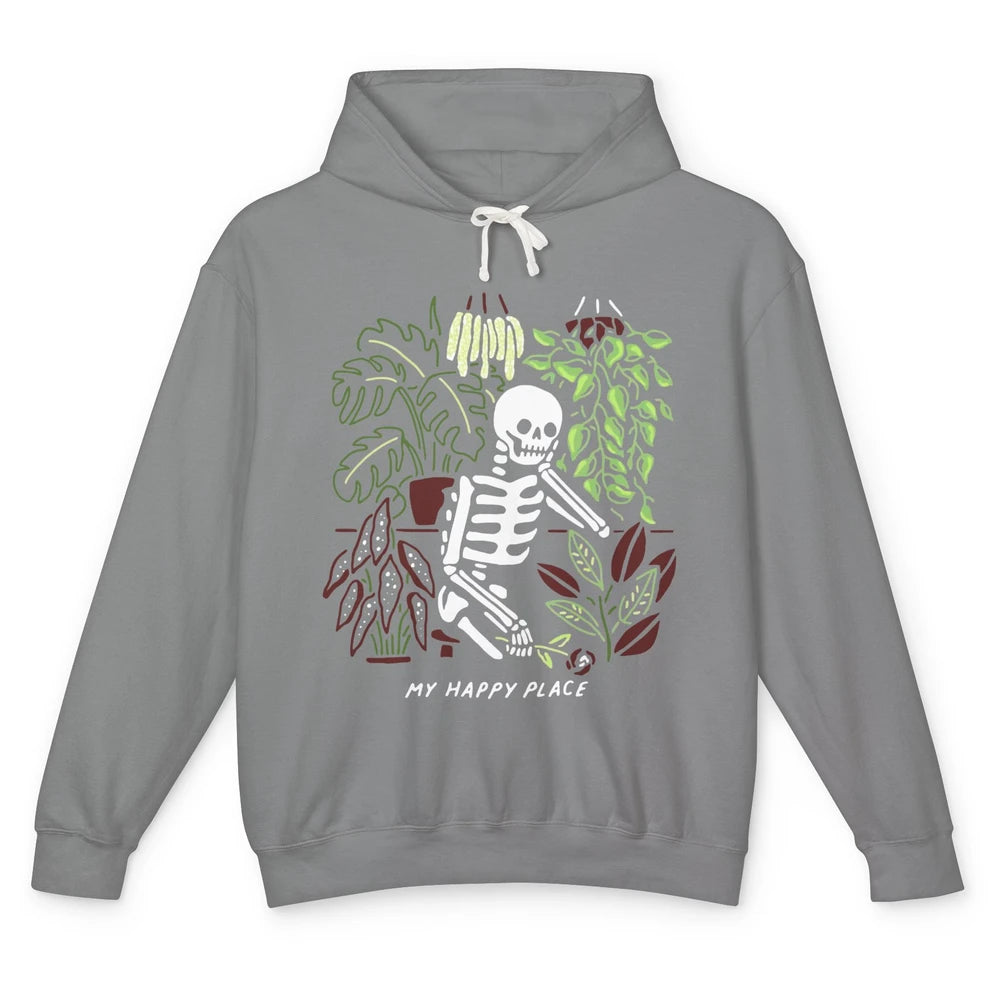 Retro Funny Skeleton Gardening My Happy Place Plant Lovers Unisex Lightweight Hoodie