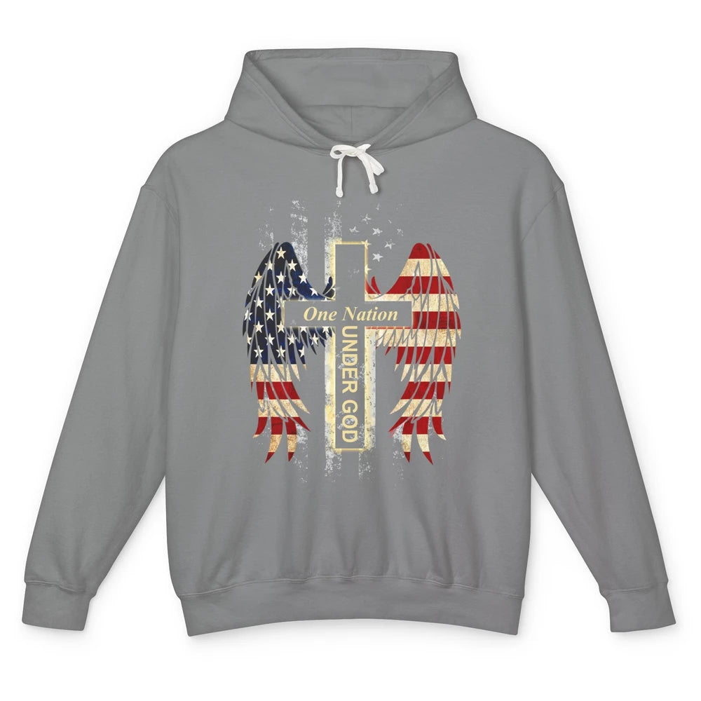 Patriotic One Nation Under God American Flag Faith Cross Unisex Lightweight Hoodie