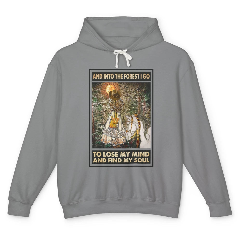Retro Cowgirl Into Forest I Go Peace Hippie Girl Horse Lover Unisex Lightweight Hoodie