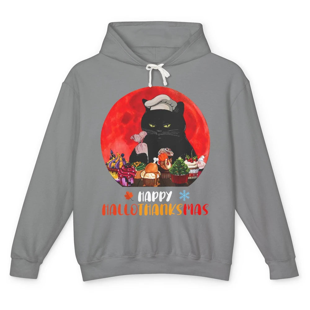 Black Cat Happy Hallothanksmas Baker Cat Halloween Christmas Unisex Lightweight Hoodie
