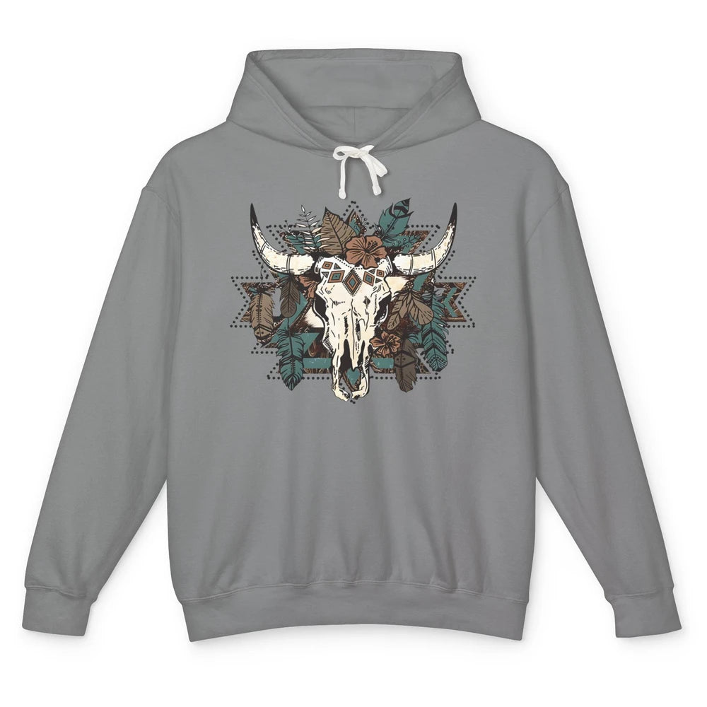Retro Boho Bull Skull Aztec Desert Cactus Western Country Unisex Lightweight Hoodie