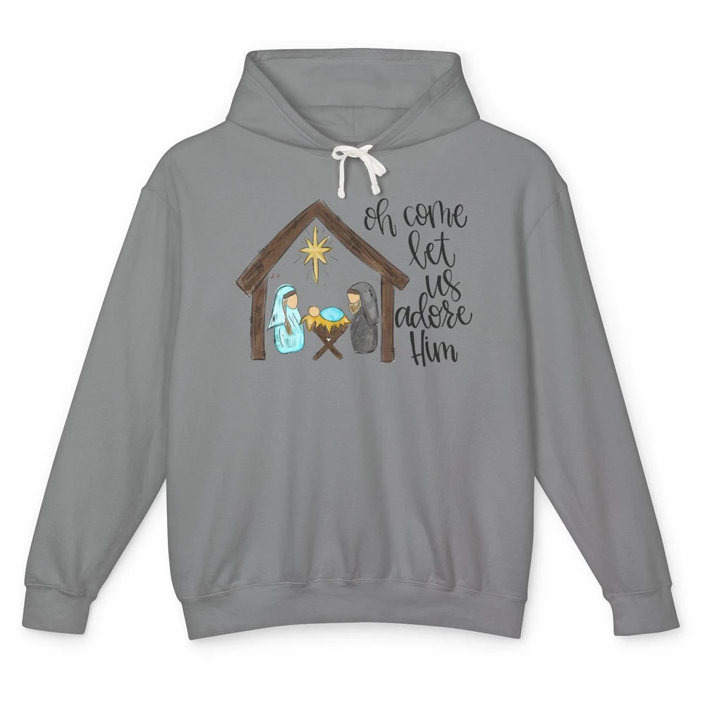 Retro Christmas Church Oh Come Let Us Adore Him Hand Drawing Unisex Lightweight Hoodie