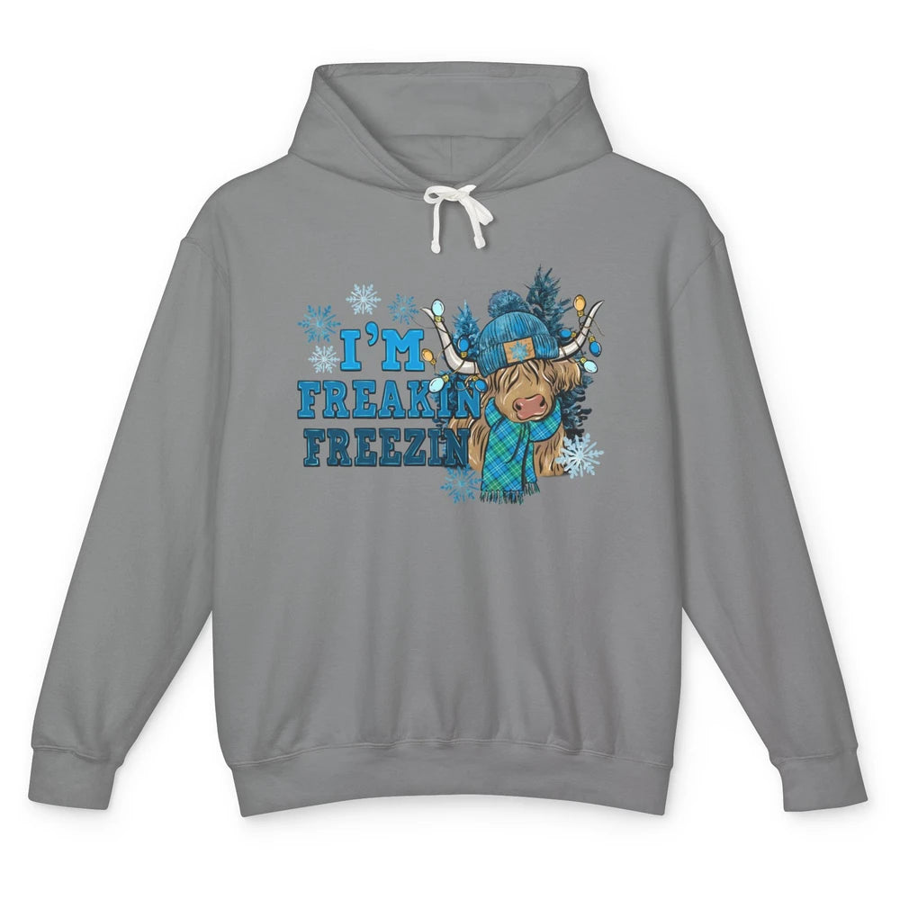 Funny Christmas Highland Cow I'm Freaking Freezing Western Unisex Lightweight Hoodie