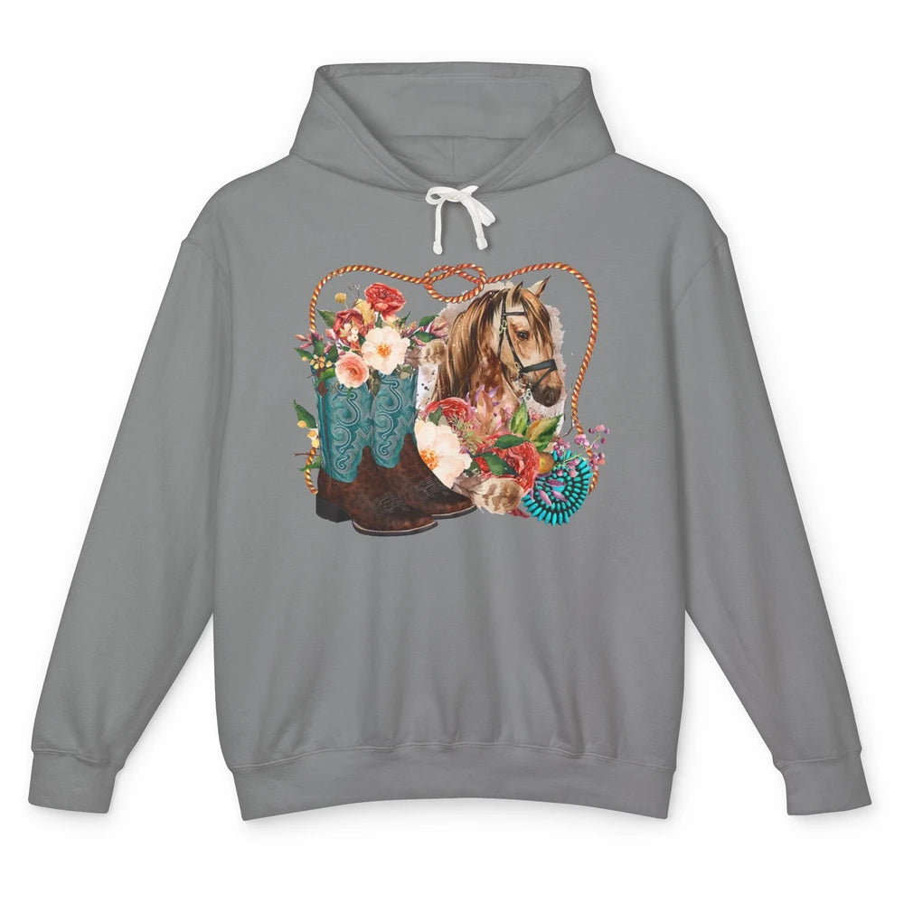 Retro Floral Cowboy Boots And Horse Western Country Cowgirl Unisex Lightweight Hoodie