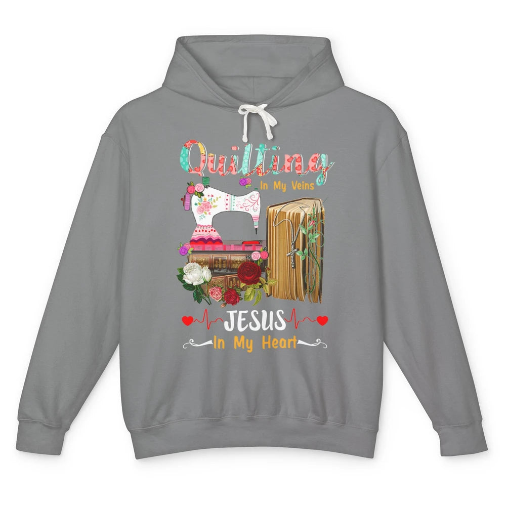 Quilting In My Veins Jesus In Heart Christian Retro Quilt Unisex Lightweight Hoodie