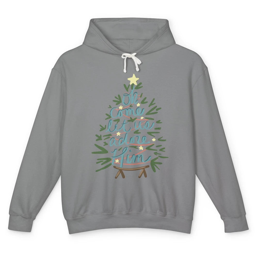 Oh Come Let Us Adore Him Groovy Christmas Tree Church Xmas Unisex Lightweight Hoodie