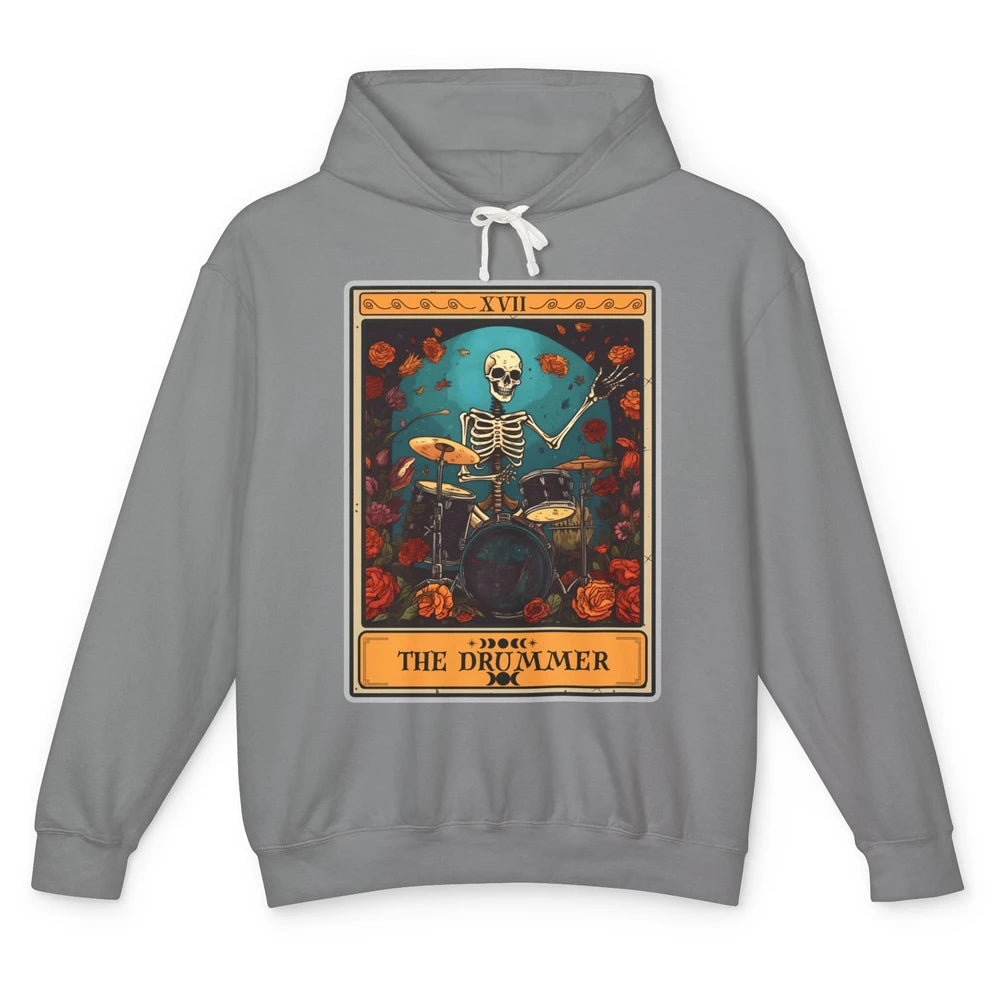 Retro Skeleton The Drummer Tarot Card Halloween Drumming Unisex Lightweight Hoodie