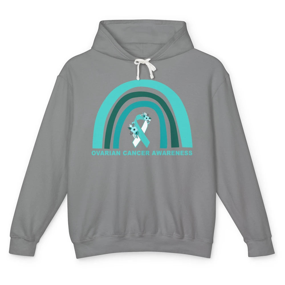 Ovarian Cancer Awareness Support Floral Turquoise Rainbow Unisex Lightweight Hoodie