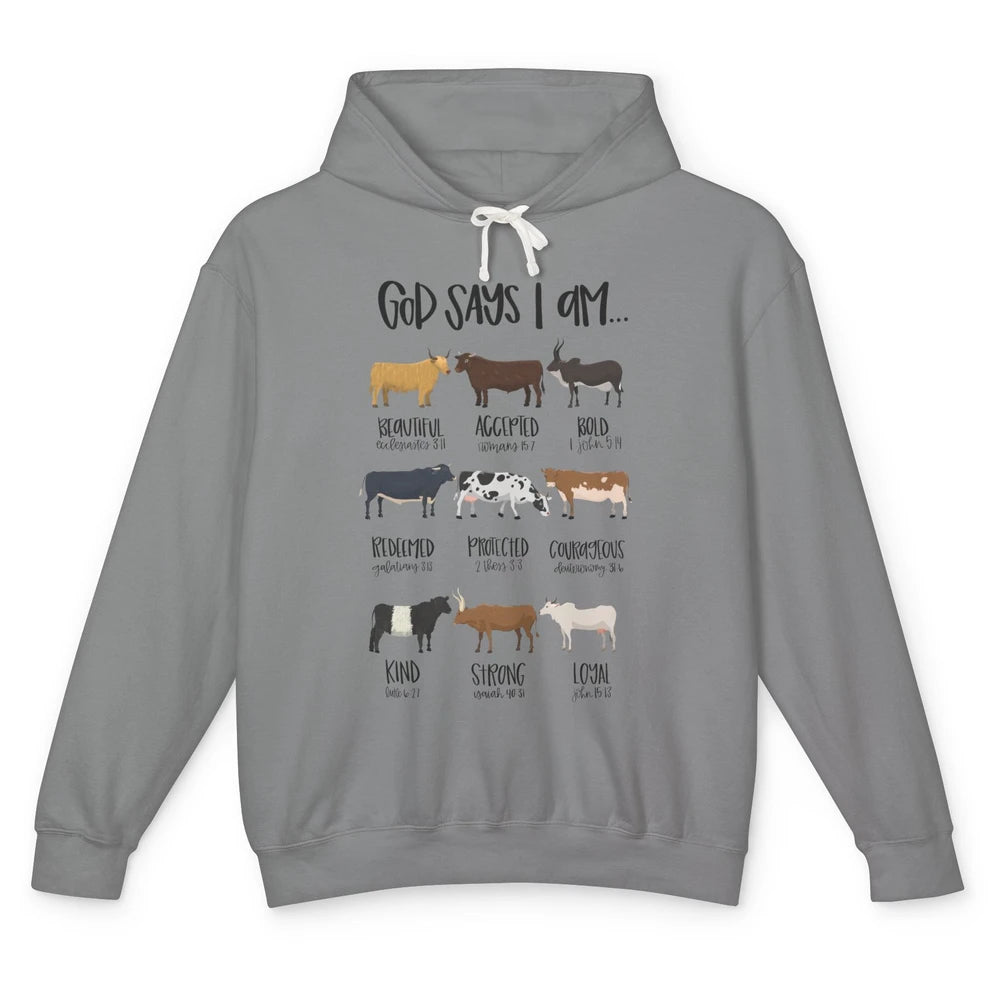 Retro Country Cows God Says I Am Bible Christian Western Unisex Lightweight Hoodie