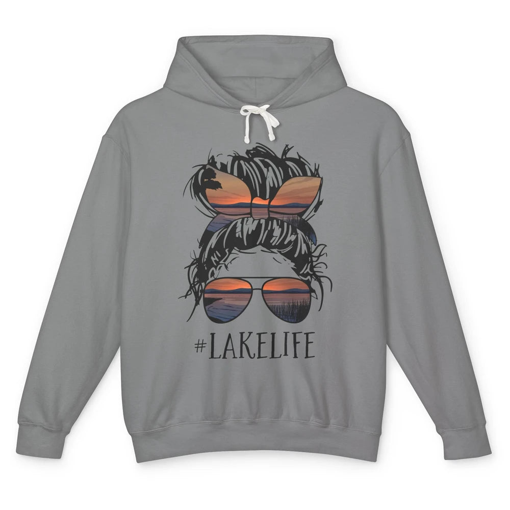 Lake Life Messy Bun Hair Girl Women Retro Lake Summer Gift Unisex Lightweight Hoodie