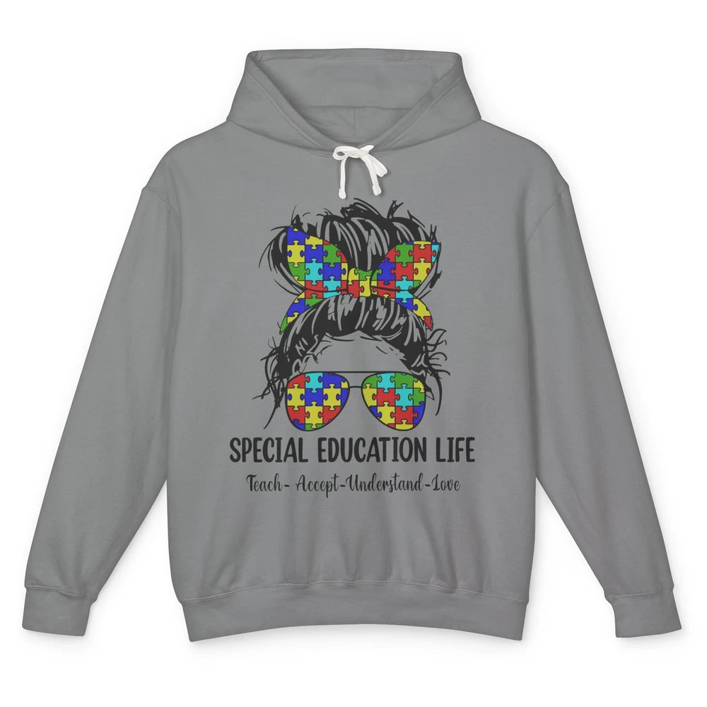 Special Education Teacher Messy Bun Autism Teach Accept Love Unisex Lightweight Hoodie