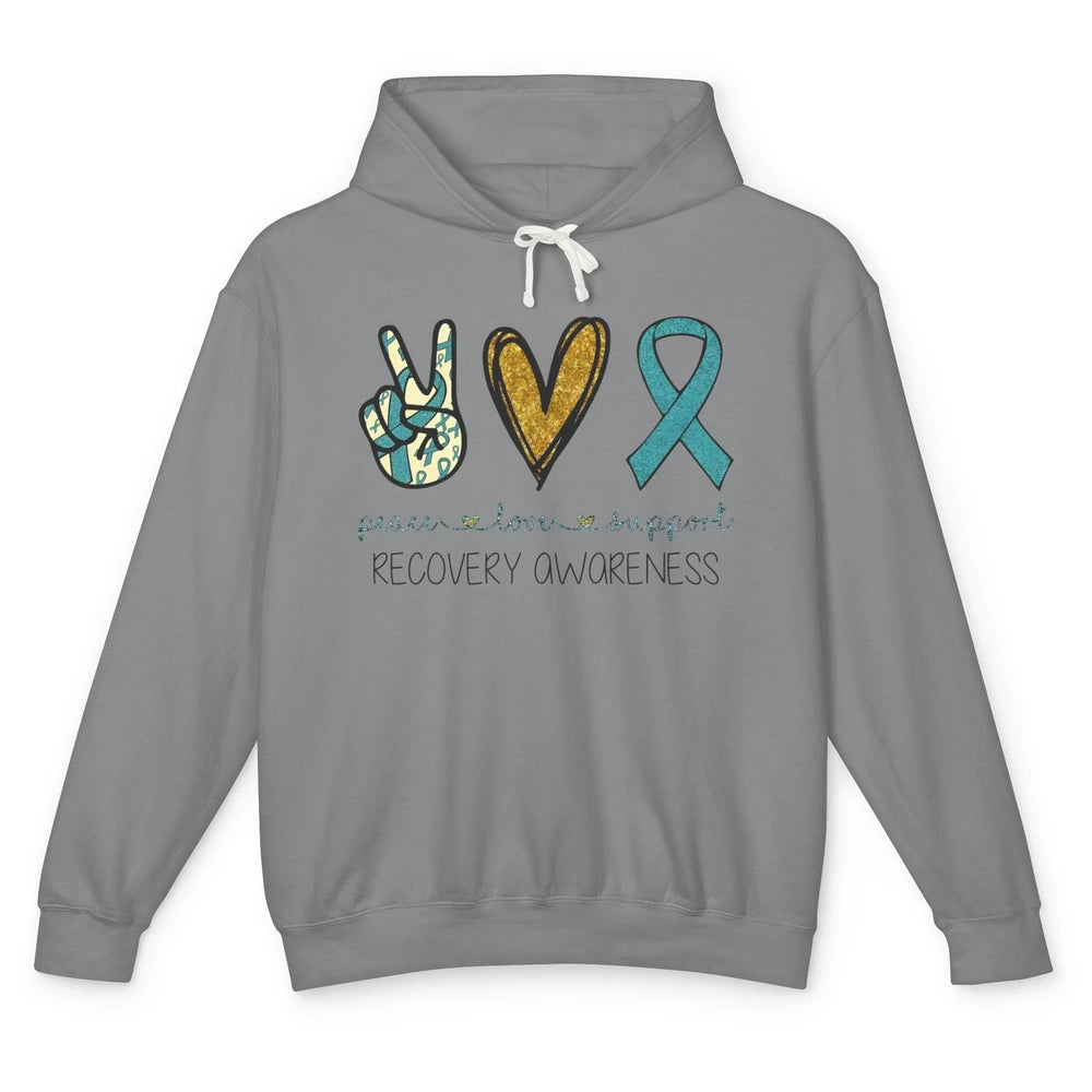 Peace Love Support Addiction Recovery Awareness Blue Ribbon Unisex Lightweight Hoodie