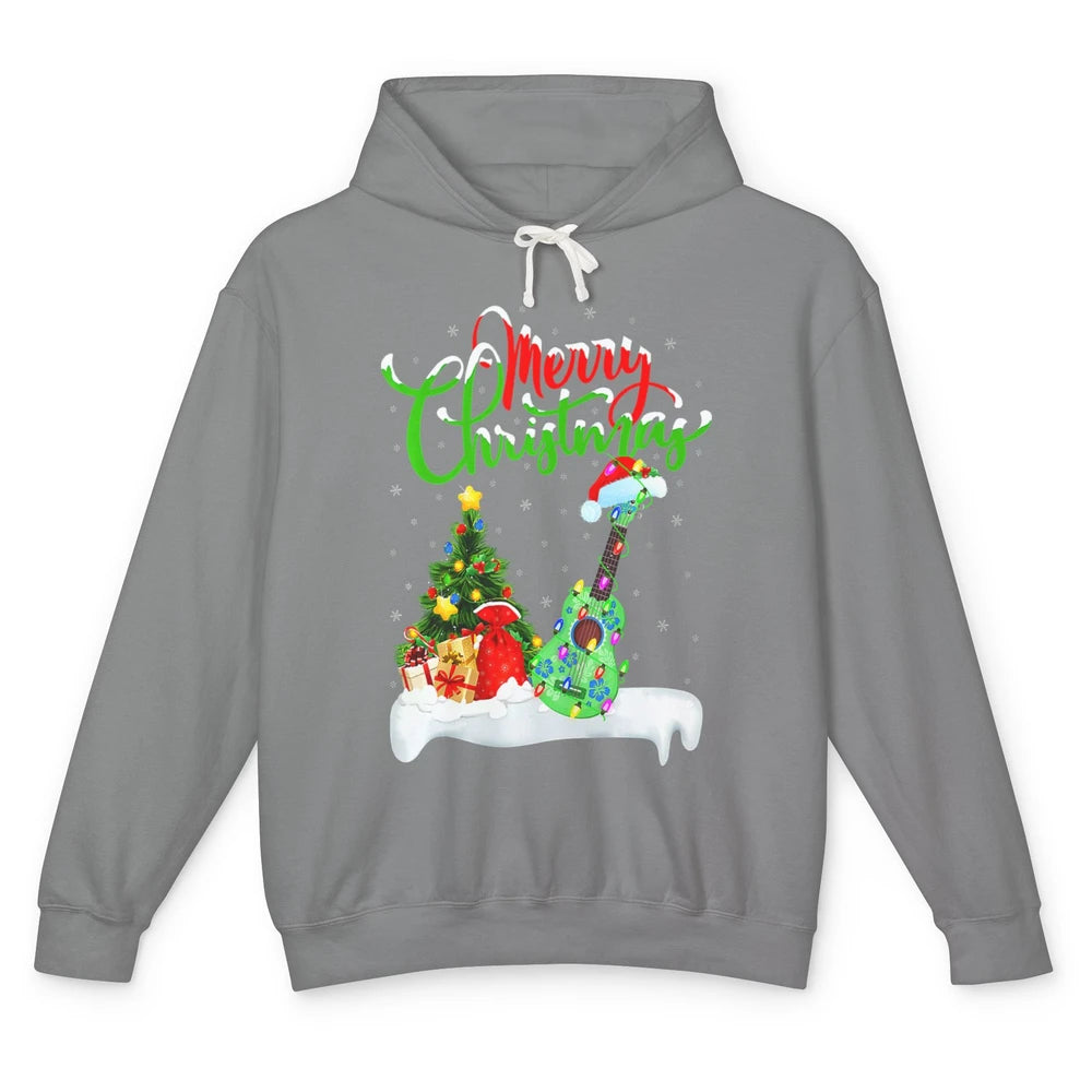 Merry Christmas Funny Ukulele Xmas Lights Santa Hat Music Unisex Lightweight Hoodie