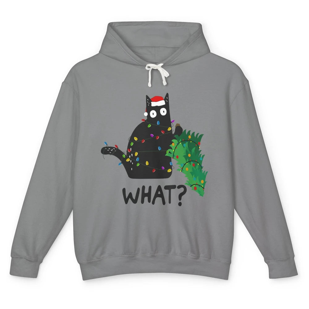 Black Cat Pushing Christmas Tree What Xmas Lights Santa Hat Unisex Lightweight Hoodie