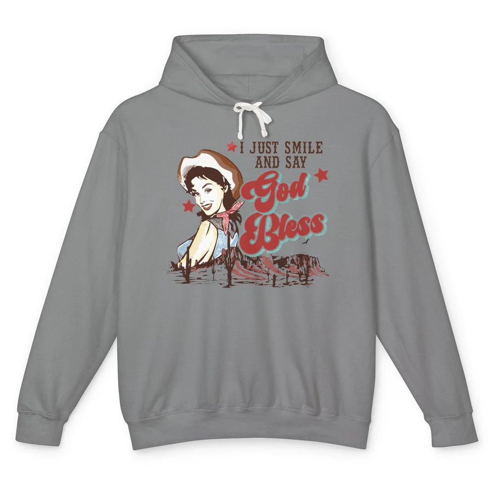 Retro Cowgirl Just Smile And Say God Bless Western Desert Unisex Lightweight Hoodie