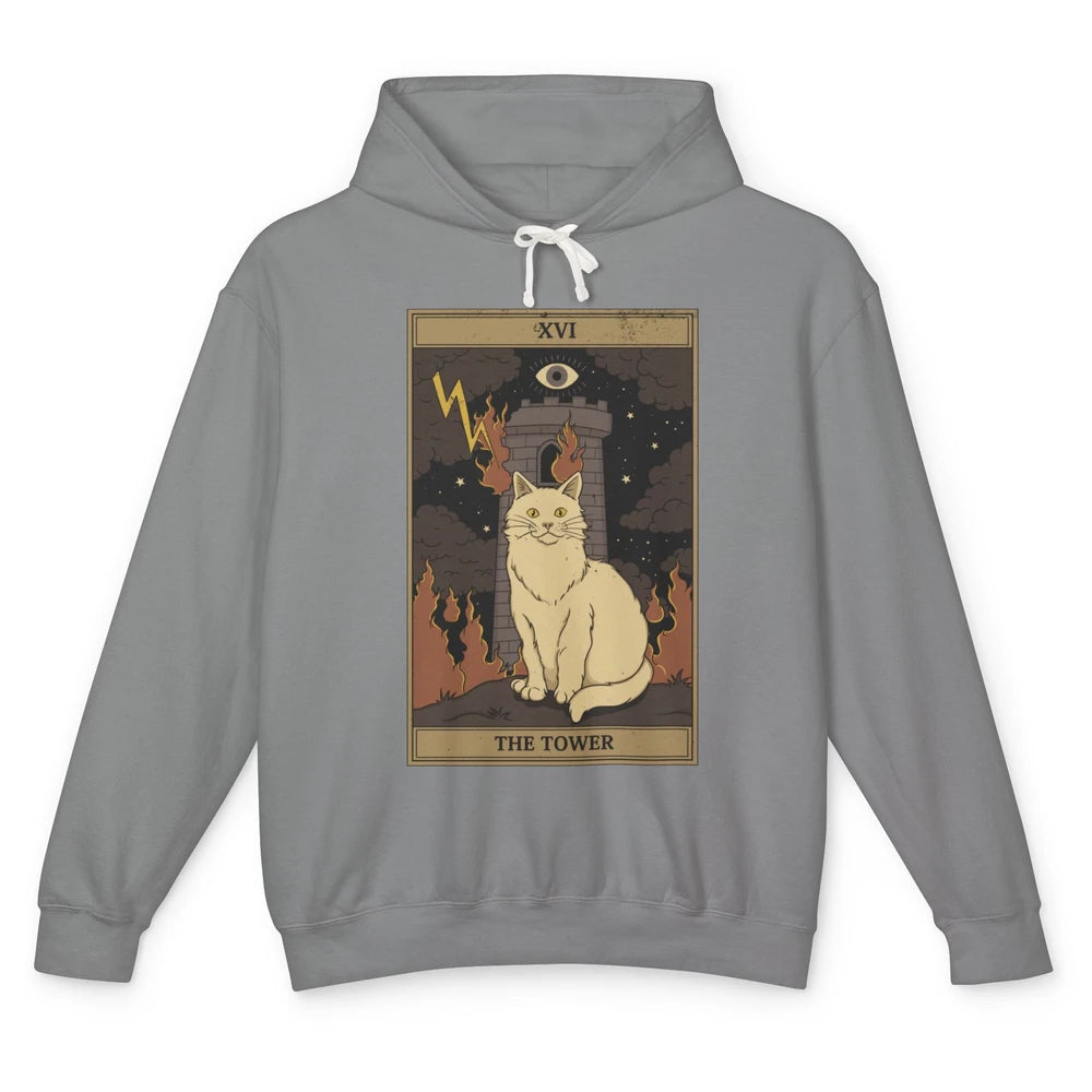 Retro Halloween Cat Witch The Tower Tarot Card Witchcraft Unisex Lightweight Hoodie