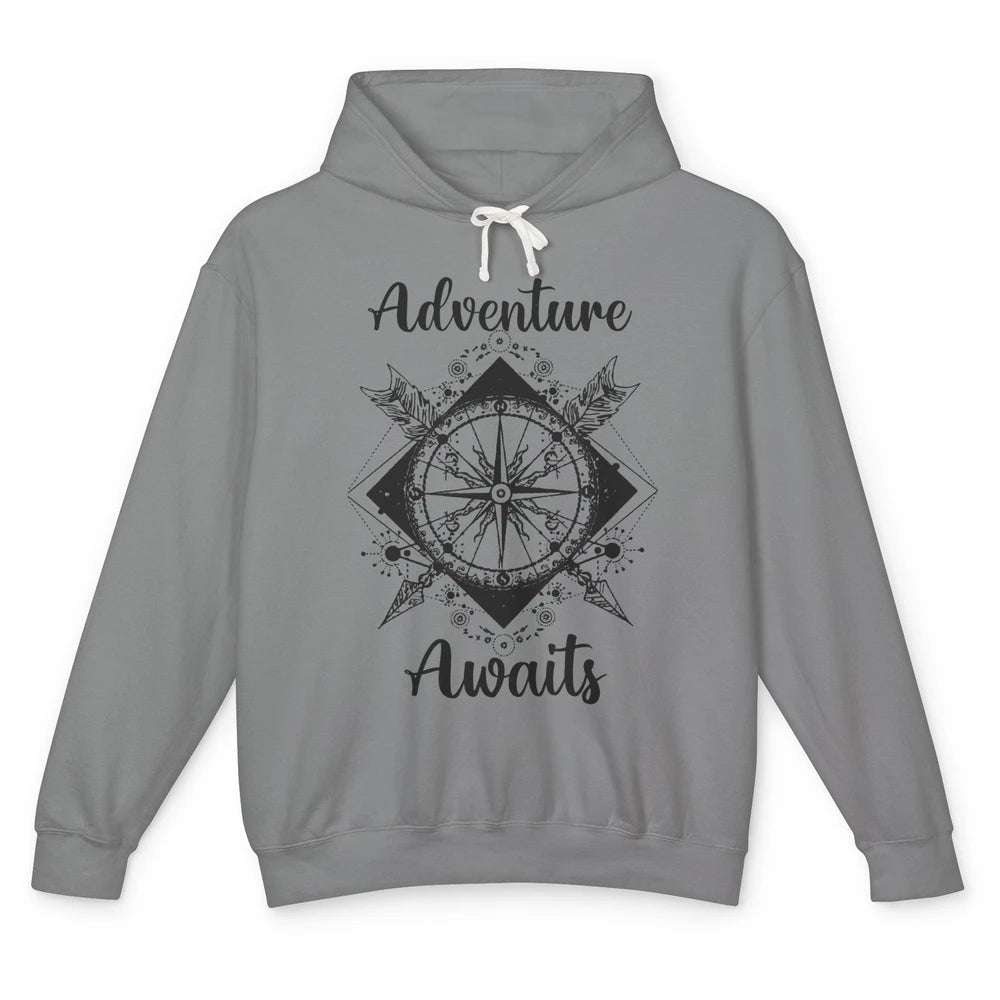 Retro Compass Mountain Adventure Awaits Camping Hiking Lover Unisex Lightweight Hoodie