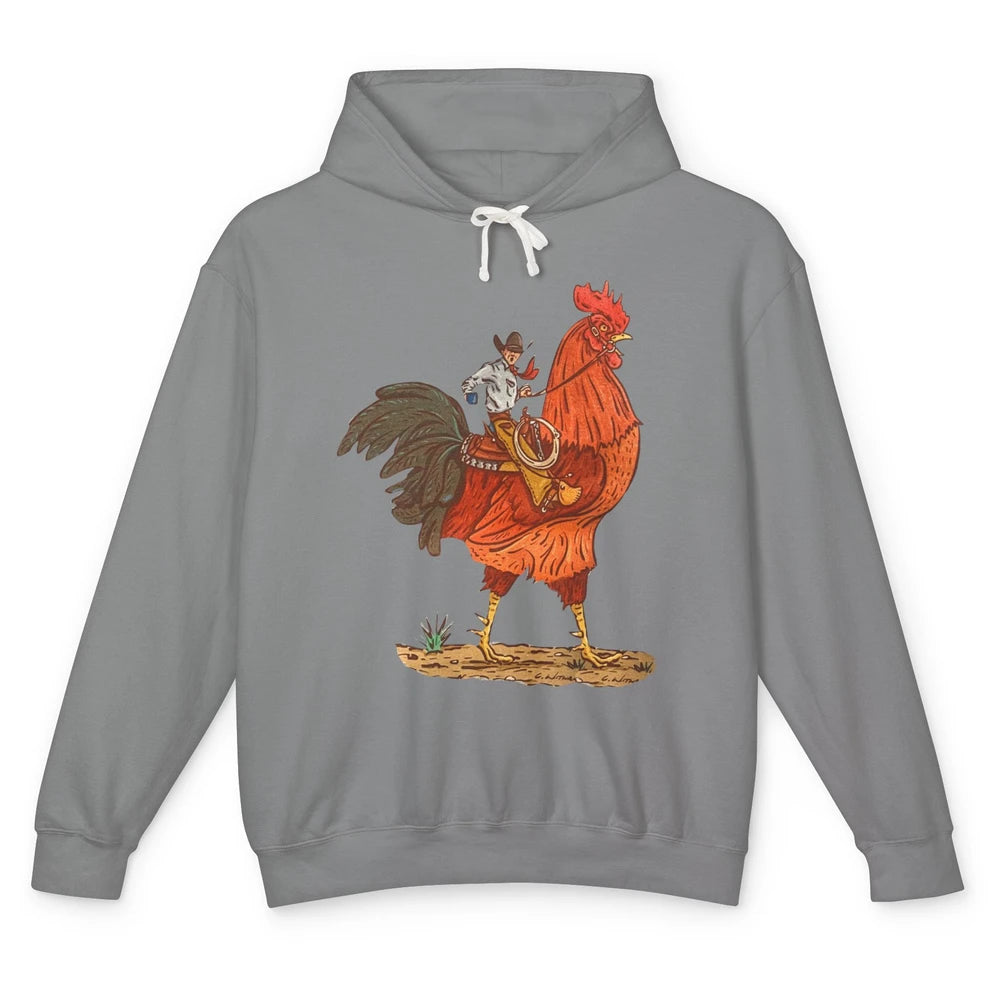 Retro Cowboy Riding Rooster Funny Western Country Cowboy Unisex Lightweight Hoodie