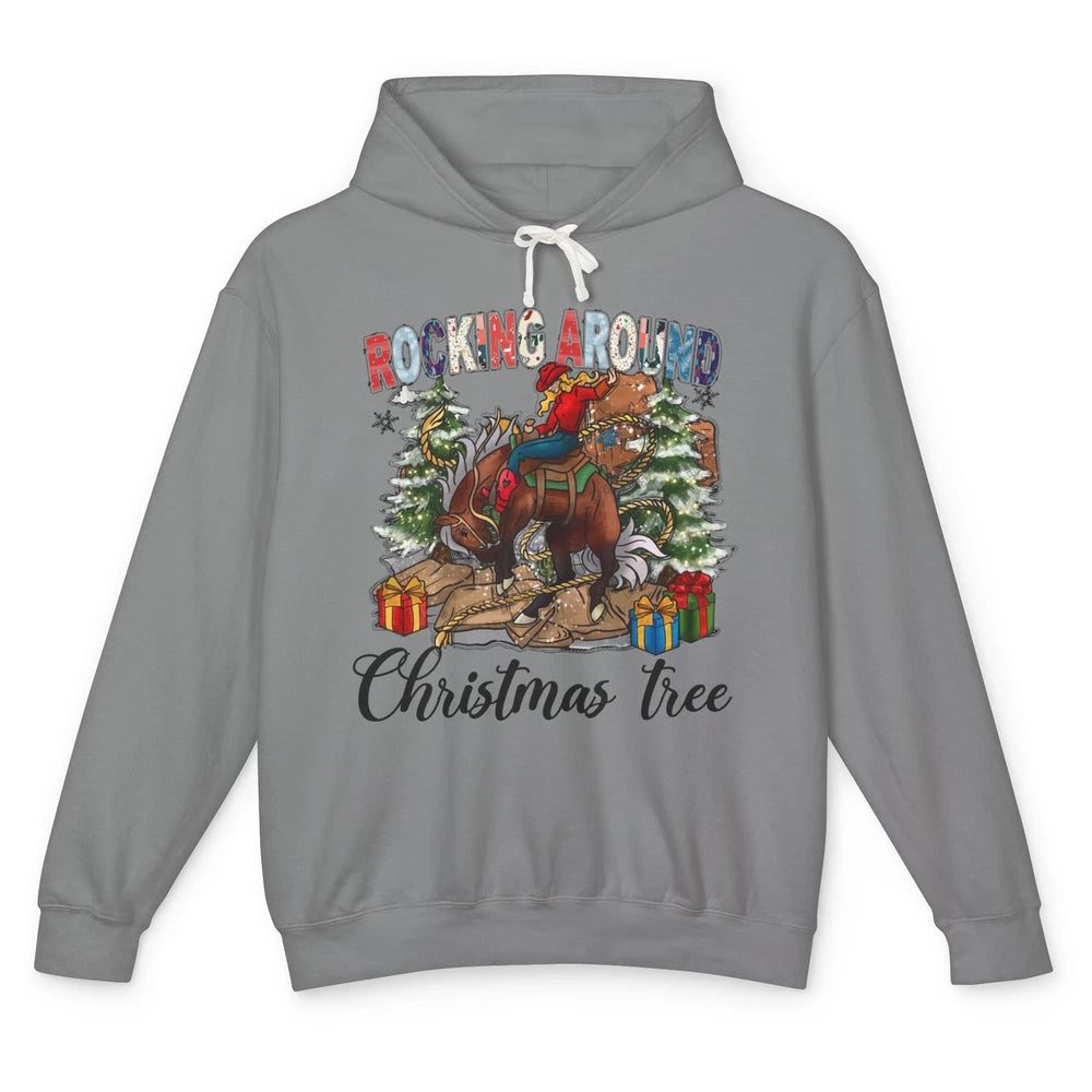 Funny Cowgirl Horsing Rocking Around Christmas Tree Western Unisex Lightweight Hoodie