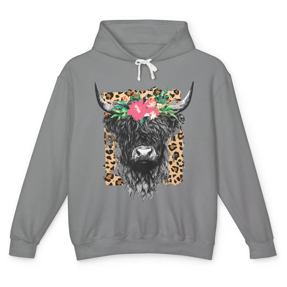Leopard Floral Highland Cow Heifer Cattles Western Country Unisex Lightweight Hoodie