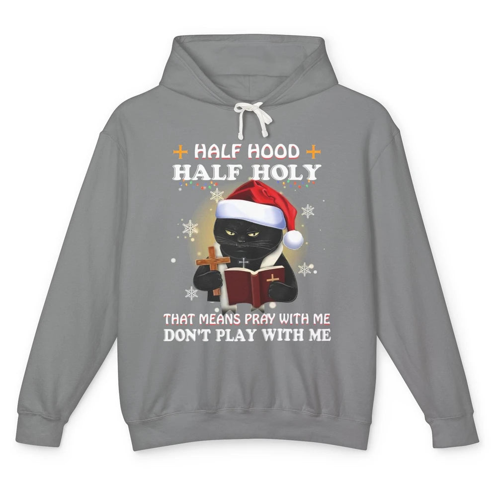 Black Cat Santa Half Hood Half Holly Christmas Bible Verse Unisex Lightweight Hoodie