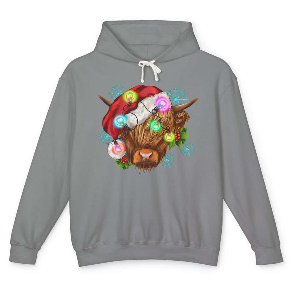 Christmas Highland Cow Xmas Light Western Christmas Cow Unisex Lightweight Hoodie