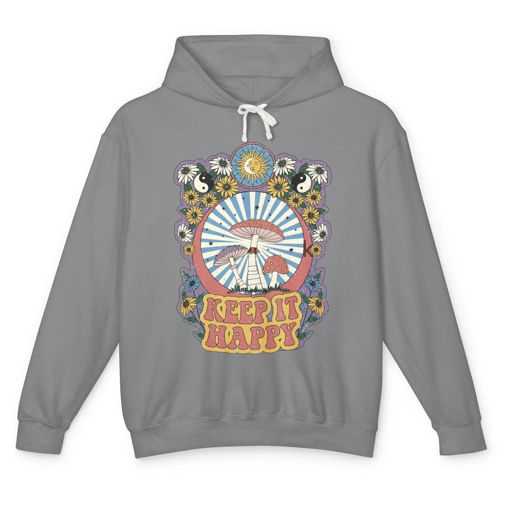 Retro Groovy Keep It Happy Mushroom Daisy Sun Positive Mind Unisex Lightweight Hoodie