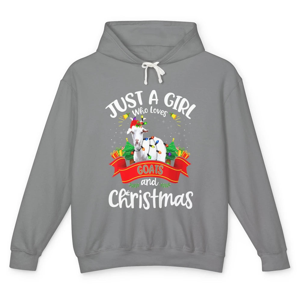 Merry Christmas Just Girl Loves Goat And Xmas Tree Lights Unisex Lightweight Hoodie