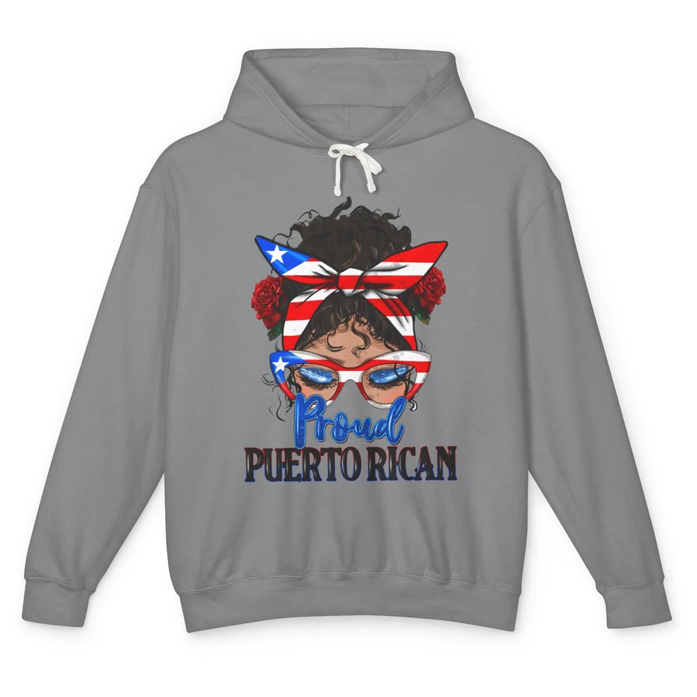 Proud Puerto Rican Girl Messy Bun Hair Puerto Rico Flag Unisex Lightweight Hoodie