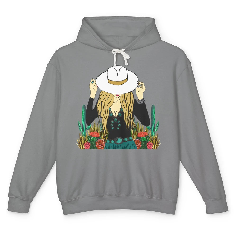 Retro Blonde Cowgirl Punchy Cowhide Turquoise Western Cowboy Unisex Lightweight Hoodie