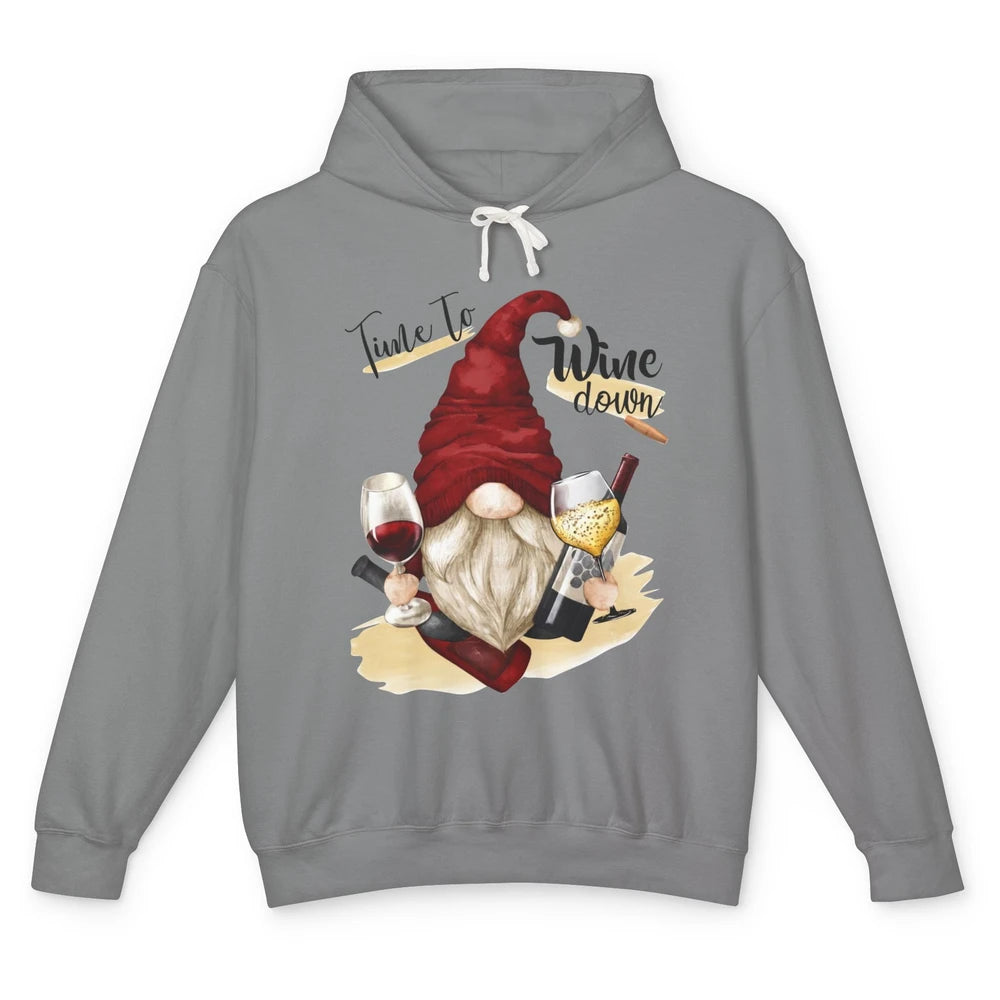Christmas Gnome Wine It's Time to Wine Down Winter Holiday Unisex Lightweight Hoodie
