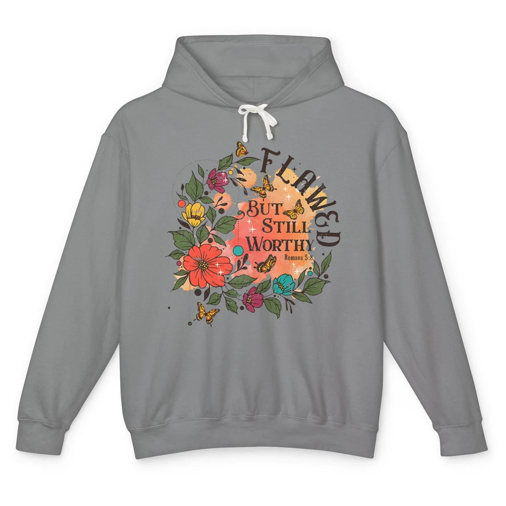 Retro Floral Flawed But Still Worthy Bible Verse Christian Unisex Lightweight Hoodie