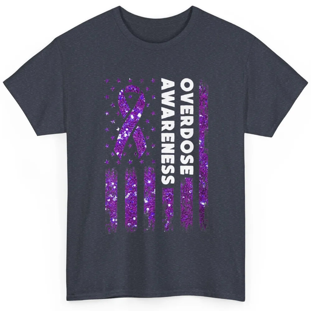 Overdose Awareness US Flag Purple Ribbon Addiction Warrior Classic Unisex T-Shirt