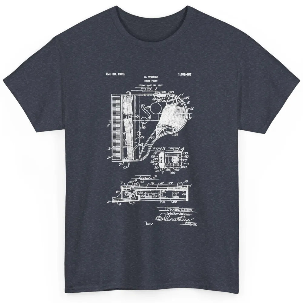 Piano Patent Style Vintage Grand Pianist Line Art Drawing Classic Unisex T-Shirt