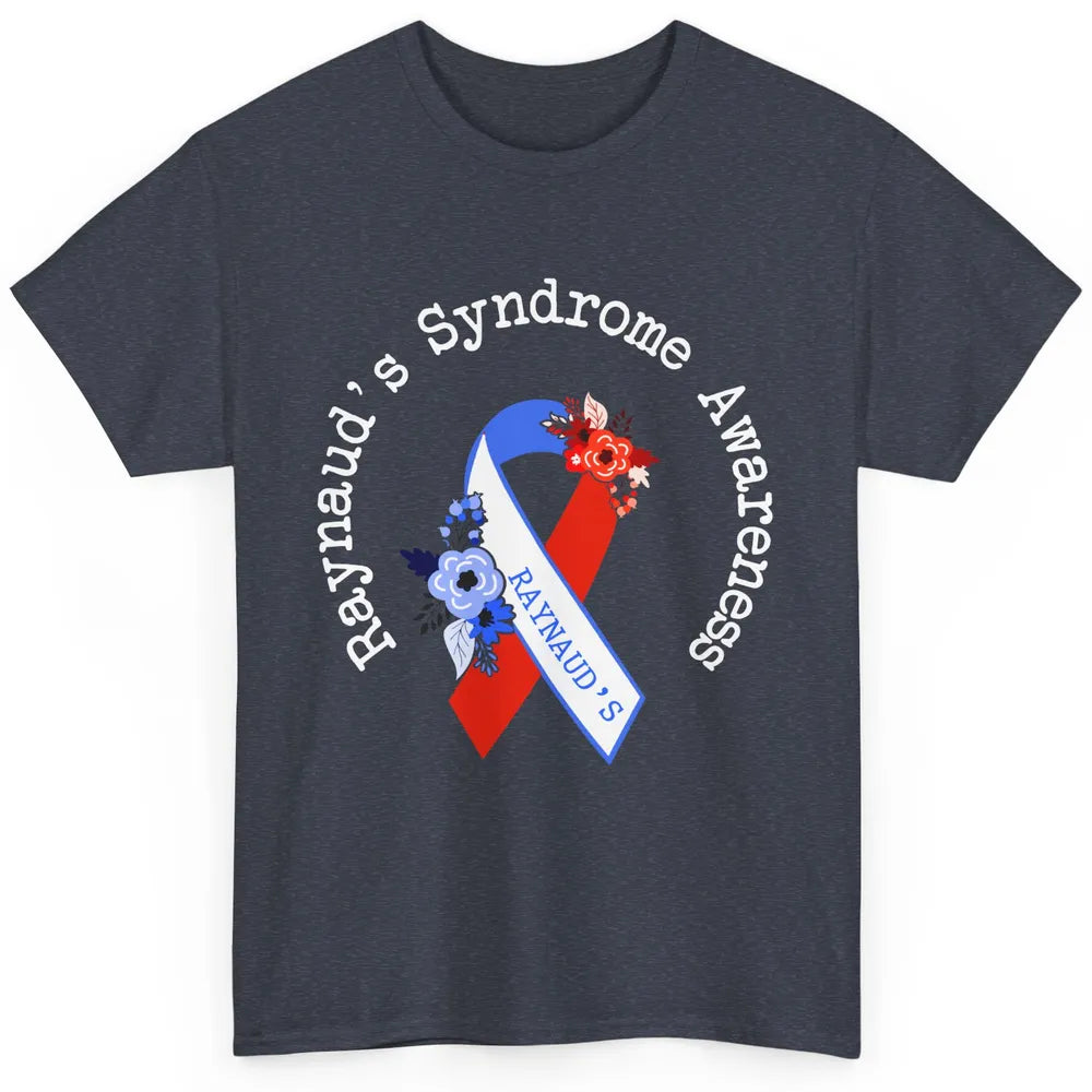Raynaud's Syndrome Awareness Support Floral Red Blue Ribbon Classic Unisex T-Shirt