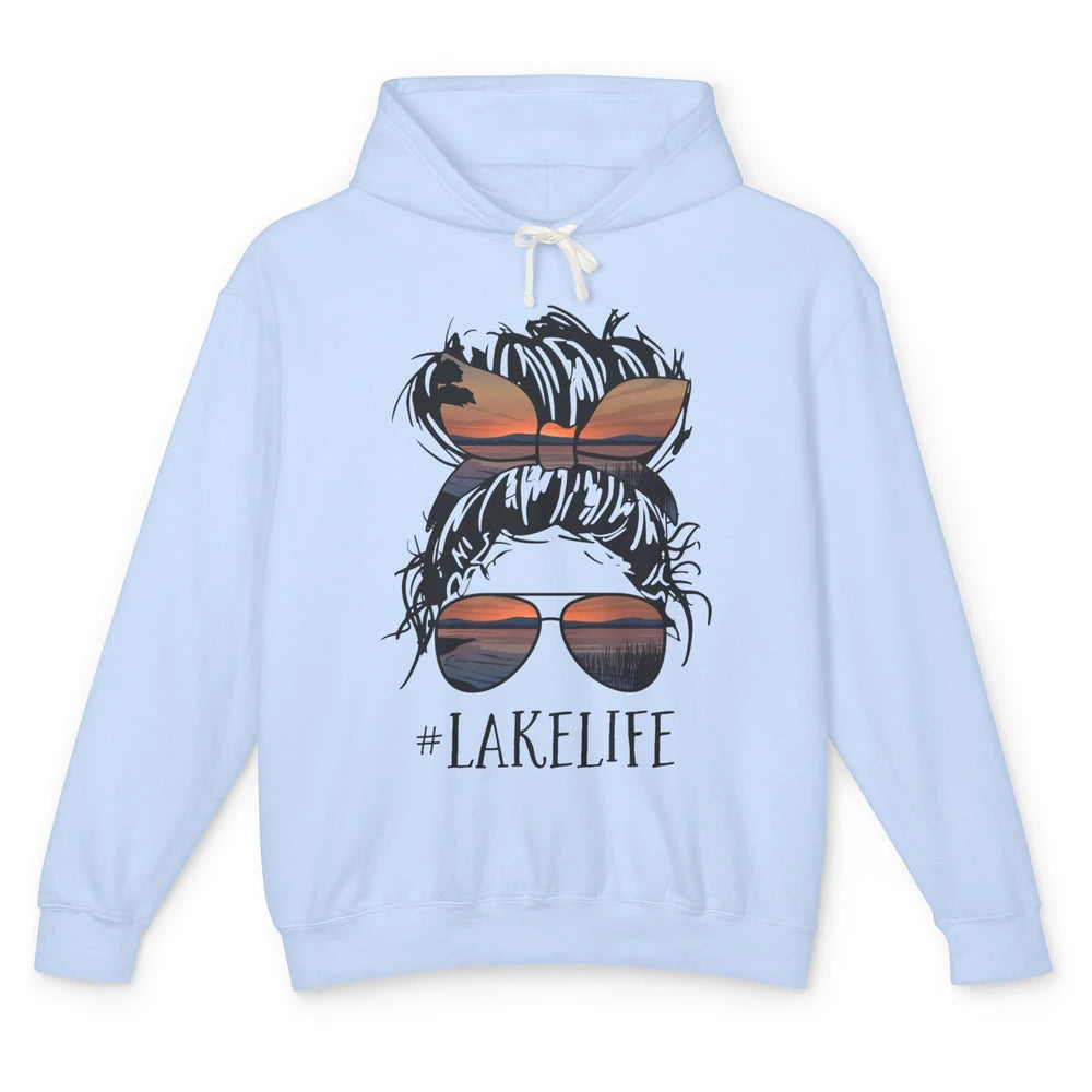 Lake Life Messy Bun Hair Girl Women Retro Lake Summer Gift Unisex Lightweight Hoodie