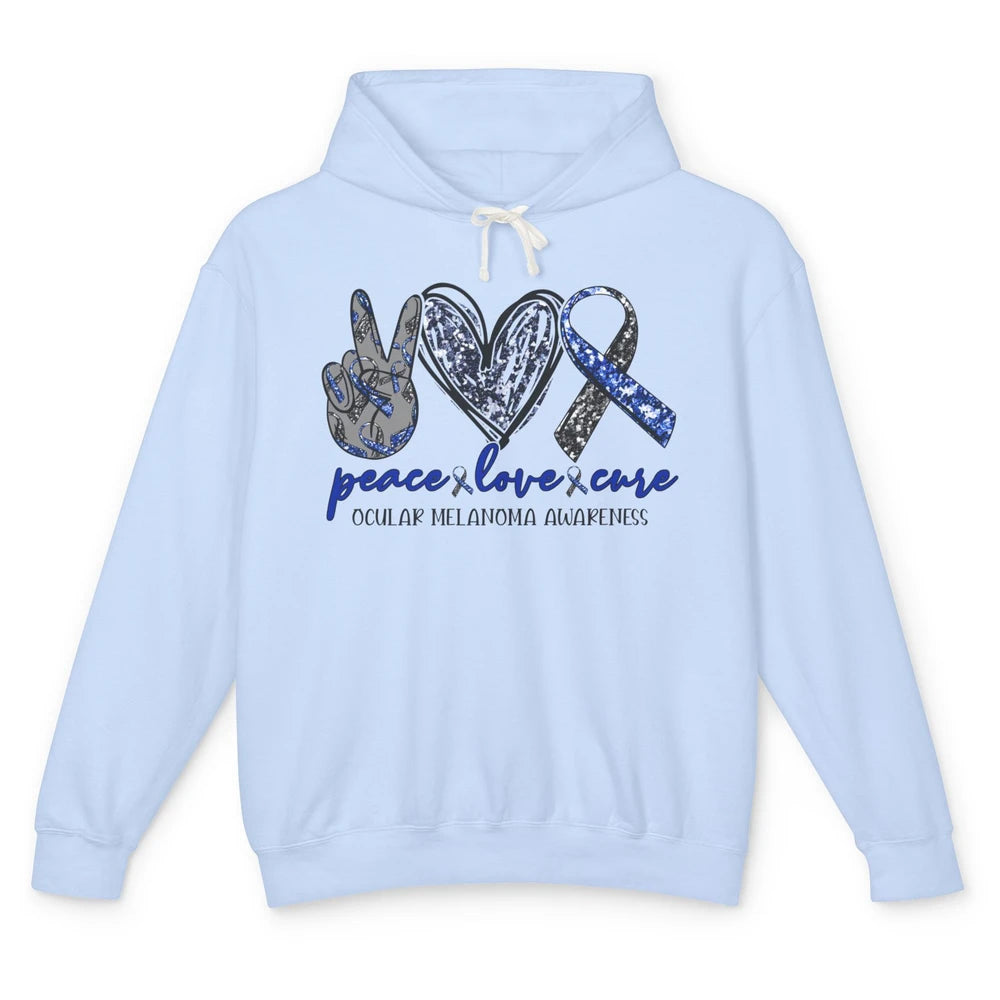Ocular Melanoma Awareness Peace Love Cure Blue Ribbon Unisex Lightweight Hoodie