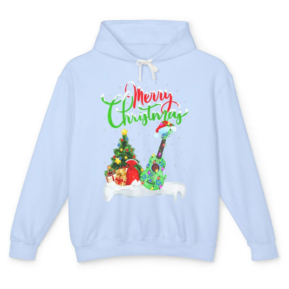 Merry Christmas Funny Ukulele Xmas Lights Santa Hat Music Unisex Lightweight Hoodie