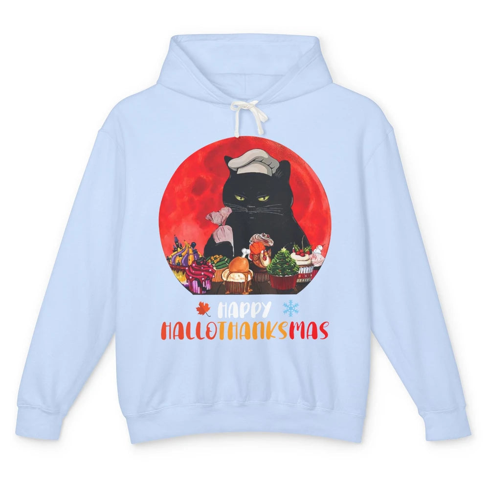 Black Cat Happy Hallothanksmas Baker Cat Halloween Christmas Unisex Lightweight Hoodie