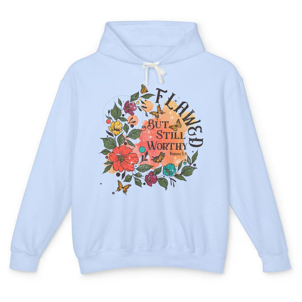 Retro Floral Flawed But Still Worthy Bible Verse Christian Unisex Lightweight Hoodie