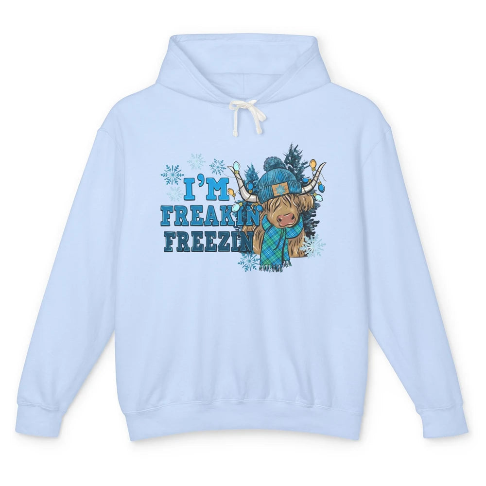 Funny Christmas Highland Cow I'm Freaking Freezing Western Unisex Lightweight Hoodie