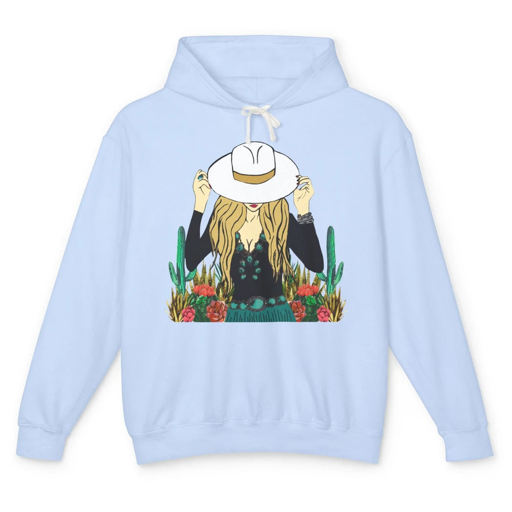 Retro Blonde Cowgirl Punchy Cowhide Turquoise Western Cowboy Unisex Lightweight Hoodie